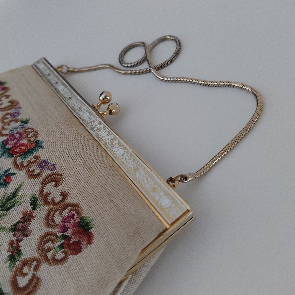 Vintage Petit Point Floral Tapestry Evening Bag, 1950s Needlepoint Clutch - Picture 9 of 14
